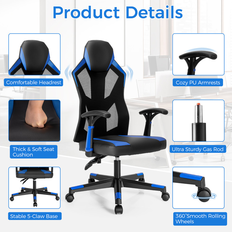Gaming Chair with Adjustable Mesh Back-BlueCostway Gallery View 9 of 9